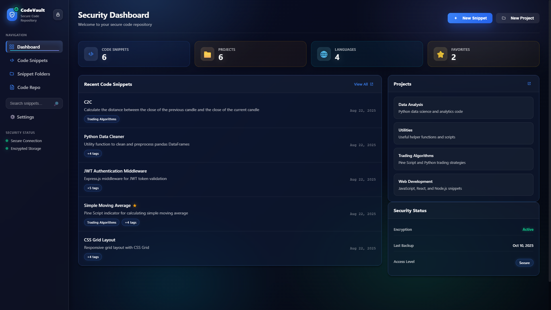 CodeVault Dashboard — vault entry point overview